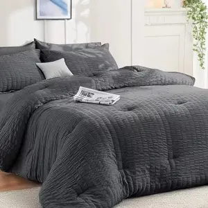 7pcs Seersucker Textured Comforter Set | Grey Polyester Bedding with Comforter, Pillow Sham, Flat Sheet, Fitted Sheet, Pillowcase - Luxurious, Fluffy, Breathable, Machine Washable, Contemporary Style by DURAYLOLY