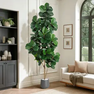 7FT Fiddle Leaf Fig Tree Artificial with 141 Leaves - Realistic Faux Ficus Lyrata Trees in 9" Grey Planter Pot, Indoor Fake Floor Plants for Home Office Living Room Decor, Housewarming Gift Decorative Fruit