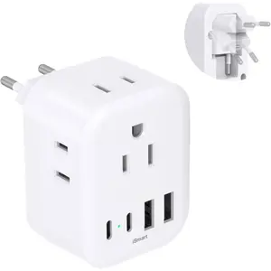 European Travel Plug Adapter,  Foldable International Power Adapter, Type C Adapter with 4 Outlets 4 USB Ports (2 USB C) for  to  of  EU  Spain Greece Portugal France