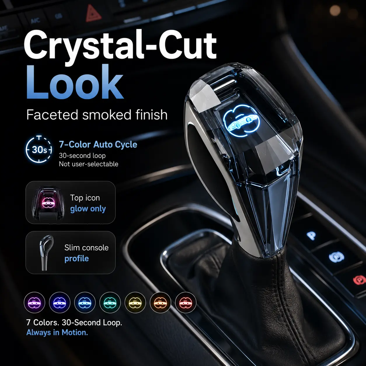 Race Car Logo Crystal Gear Shift Knob, Glow in the Dark Muti-Color LED, Race Car Style Automatic Shifter Handle Replacement, Car Shifter Head, Automotive Interior Modification Accessories