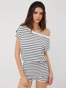Cider [2 colors, size 2-10] Cotton-blend Asymmetrical Neck Stripe Micro Lounge Romper