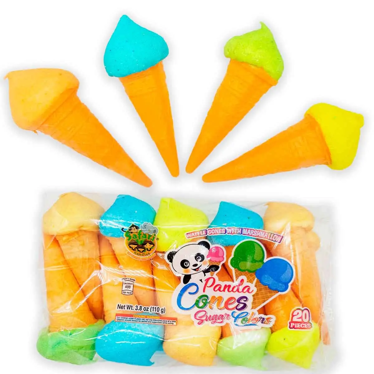 Safari PandaCones - Sugar Marshmallow Waffle Cones, 20-Piece Pack Sweet Candy for Cake Decorating, Party Favors, Candy Lovers, Adults