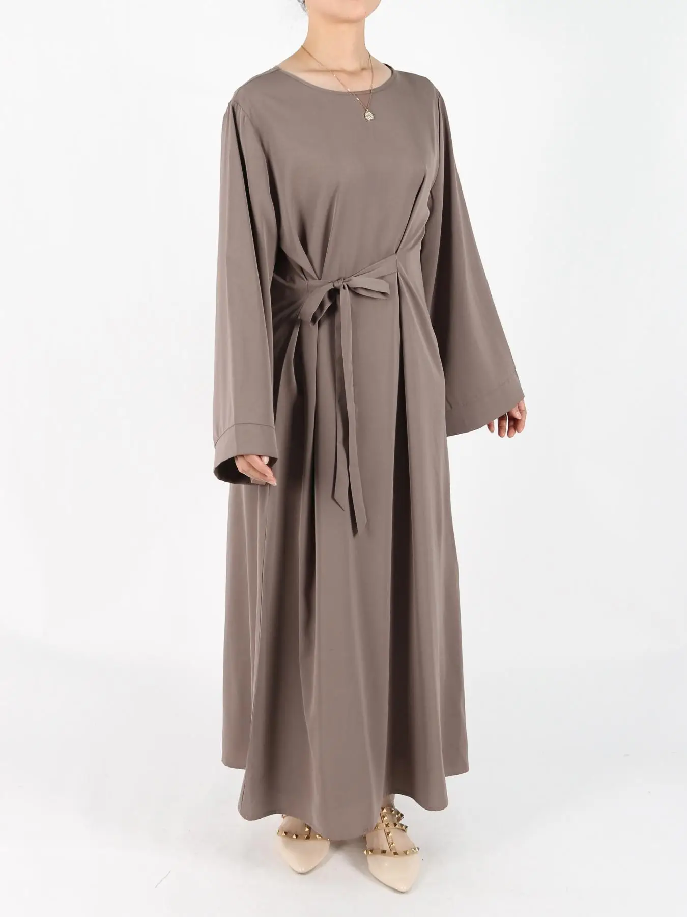 Women's Solid Belted Long Sleeve Kaftan Dress, Modest Round Neck Long Dress for Daily Wear, Casual Ladies Muslim Maxi Clothes for All Seasons