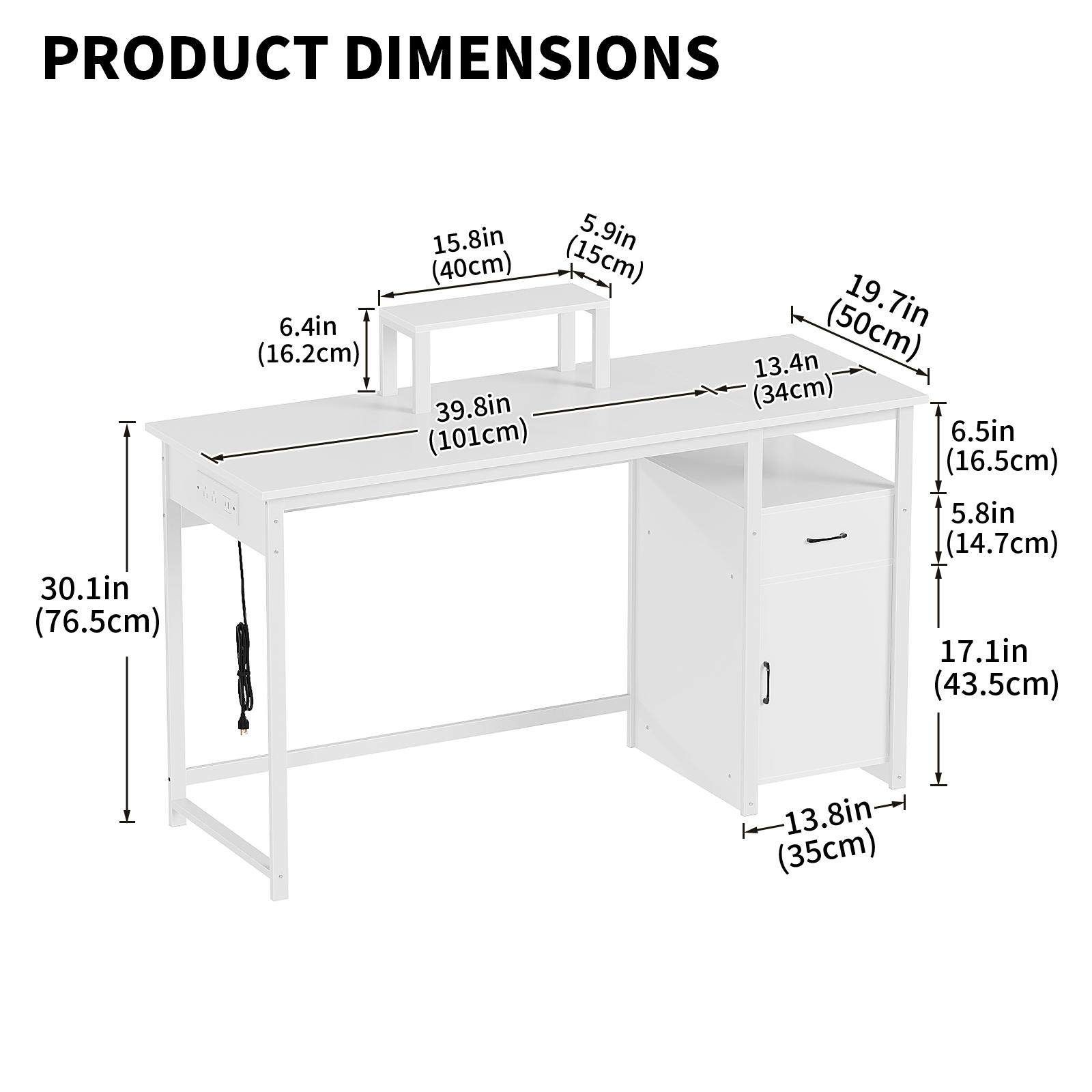 Computer Desk with Power Outlets and Monitor Stand, Small Home Office Desk with Storage Drawer & Cabinet, Compact Study Writing Desk PC Workstation for Small Spaces