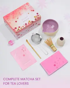 ZENS Pink Matcha Whisk Set with Cherry Blossom Design - 7-Piece Ceramic Tea Ceremony Kit for Matcha Lattes & Gift Giving for ValentinesDay