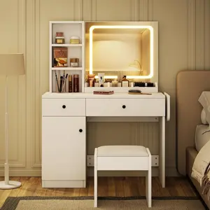 Vanity Desk, Makeup Vanity with Mirror, LED Light, 2 Drawers and Storage Cabinet, Vanity Table Set with Comfortable Stool for Bedroom