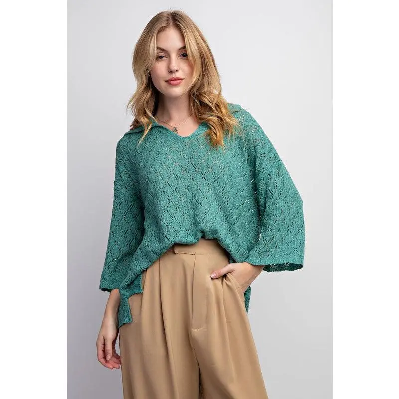Leaf Patterned Knitted Sweater Top Teal