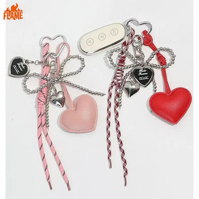 [FLAME] Beaded Bow Charm Keychain - Heart Shape Bag Pendant with Fashionable Bracelet Design, Women's Party Wear Accessory, Birthday Gift, Viral TikTok Aesthetic Ornament