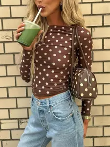 Polka Dot Slim Fit Long Sleeve Top, Stylish Basic Tee for Daily Wear, Comfortable and Versatile Clothing Piece, Perfect for Layering