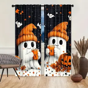 2-Piece set, Halloween cartoon ghost and pumpkin print curtains, filter rod pocket design, suitable for home decoration in kitchen, bedroom, living room and other rooms, gift for family and friends, room decoration, Halloween decoration, Window Curtain