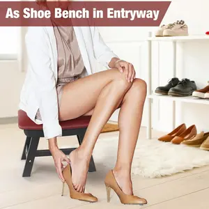 Faux Leather Ottoman Footstool, with Soft Curved Seat Cushion Sofa Foot Stool, Wooden Upholstered Foot Rest Under Desk, Extra Seating for Living Room, Entryway