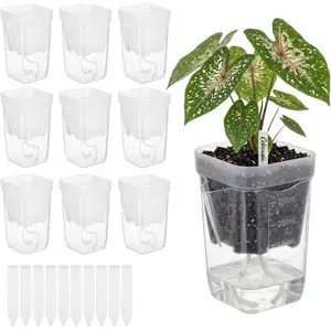 10 Pack 2.52" Small Self Watering Pots for Indoor Plants, Clear Plastic Planters with 10 Plant Label and Water Level Indicator Drainage Hole for Succulents, Propagation, African Violet