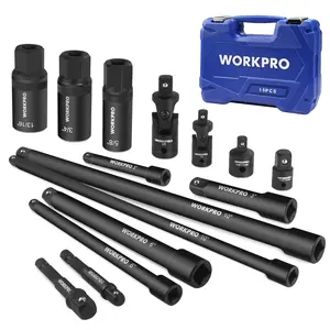 #LaborDay WORKPRO 15-Count Drive Tool Accessory Set, Includes Socket Adapter Extension Set, Socket Extension Bar, Swivel Universal Joints and Spark Plug Socket Set, 1/4" & 3/8" DriveSurfoze
