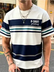 American Retro Colorblock Striped Letter Print Short Sleeve T-Shirt, Men's Summer Loose Casual Round Neck Top, Graphic Fitted Tee