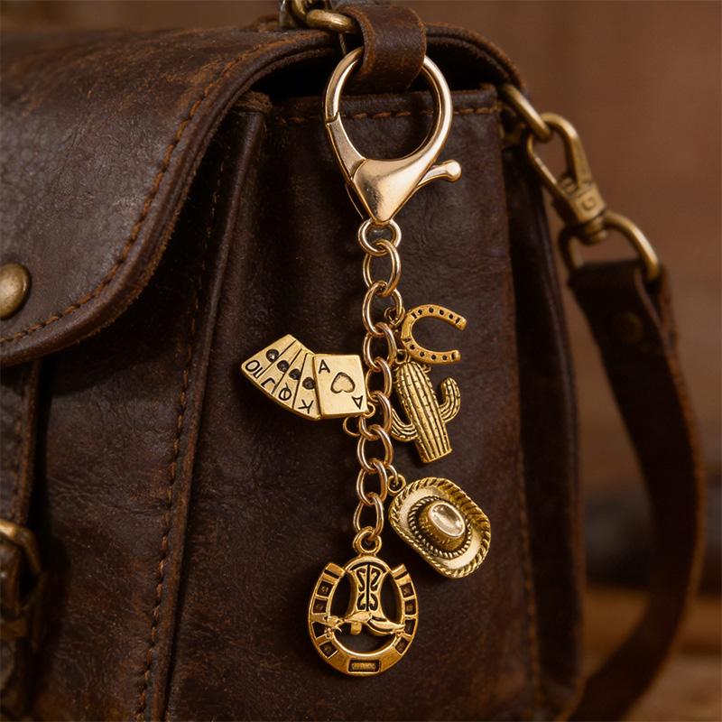 Coastal Cowgirl Purse Charm - Gold Western Chain with Boot & Hat Pendants, Trendy Festival Bag Accessory