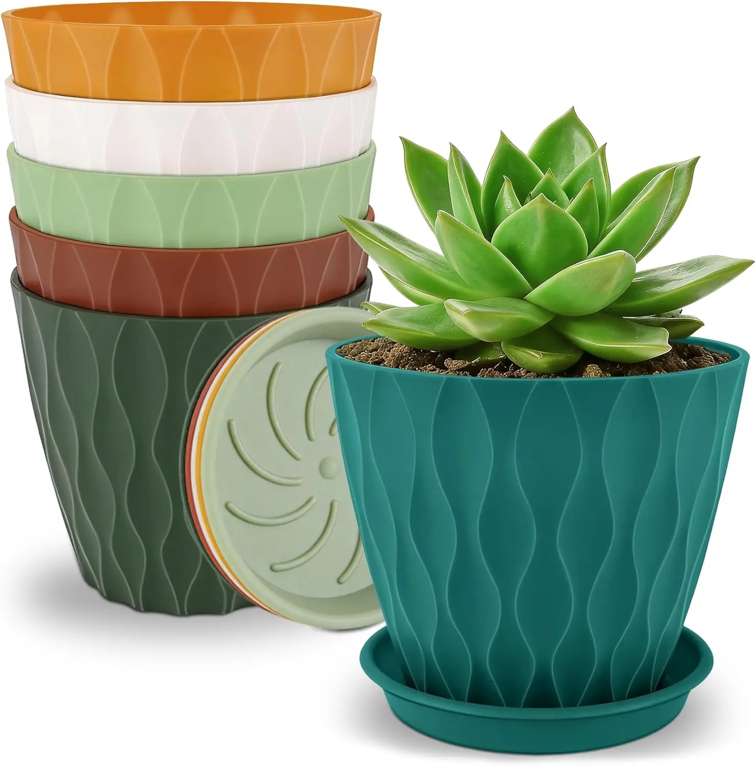 4 inch Plant Pots, 6 Pack Flower Pots Outdoor Indoor, Planters with Drainage Holes and Tray Saucers-Multicolor