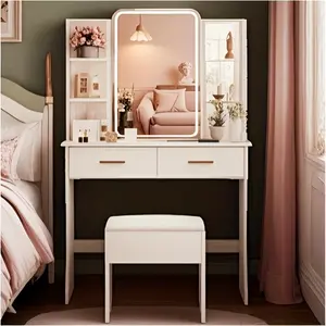Modern White Vanity Table with Lighted Mirror, Two Drawers and Stool - Touch Control Design, Open Shelves, Suitable for Bedroom or Bathroom Minimalist Style Home Decor
