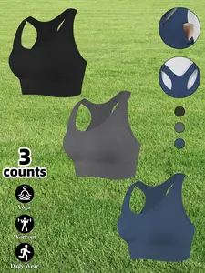 3-Pack Women's Yoga Sports Bras, Push-Up Shockproof Wireless Backless Bralette, Casual Fitted Plain Design, All-Season Workout Top, Activewear, Workout Clothes Women