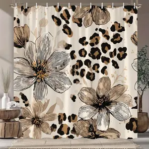 Floral Leopard Print Shower Curtain, Exotic Floral Design with Leopard Spots on Cream Background Intricate Line-Art Detailing, Bathtub Partition Curtain with Hooks, Fashionable Bathroom Accessory Elegant Bathroom Decor