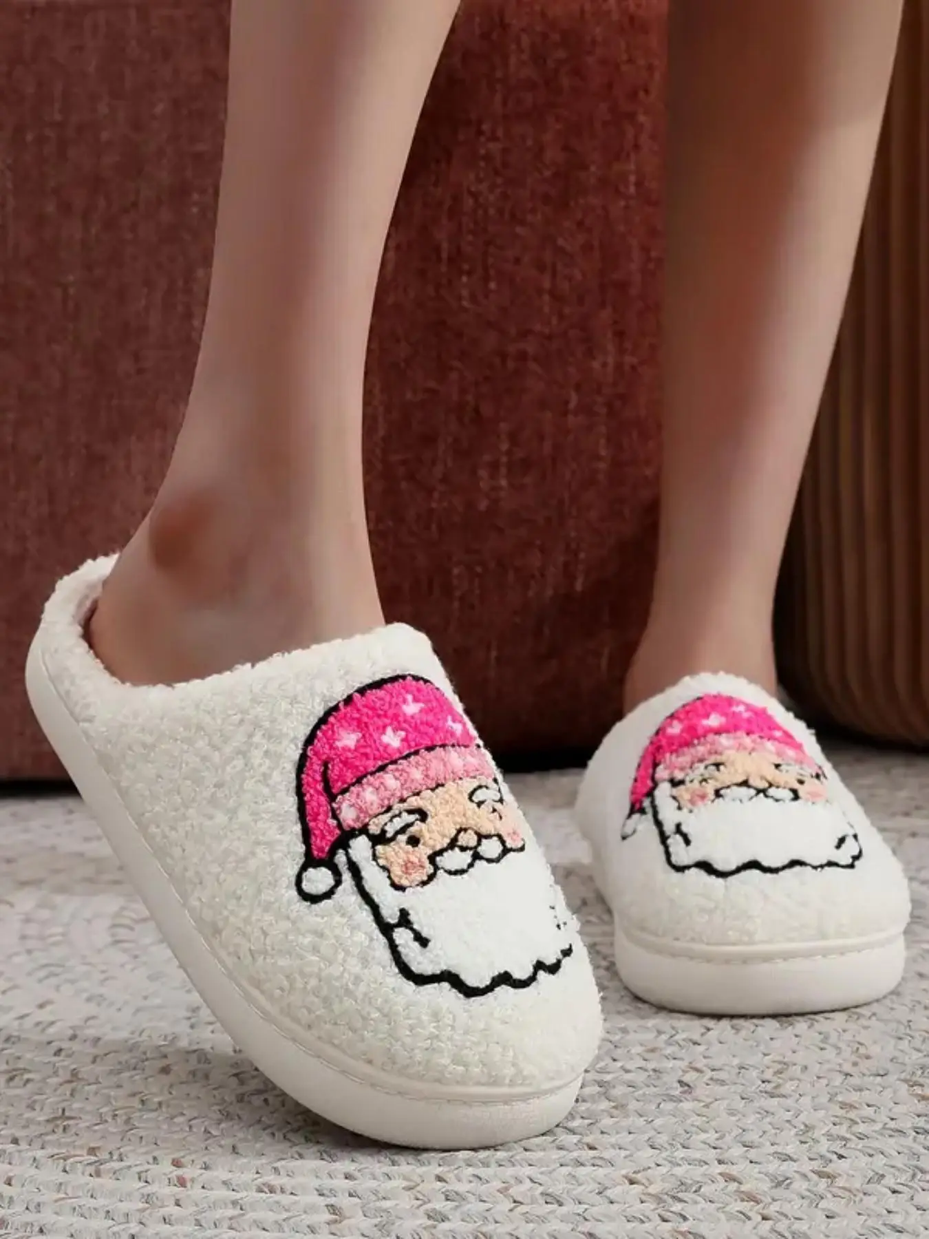 Women's Cute Cartoon Santa Claus Design Plush Slippers, Casual Soft Comfortable Home Slippers, Warm Slippers for Indoor & Outdoor Use for Fall & Winte