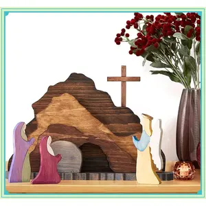 Easter Scene Wooden Decoration, Easter Religious Jesus Nativity Scene Decoration, Manger Creche Nativity Scene Montessori Inspired Wedding, Spring Christian Home Figurine Ornament Cross Easter Craft