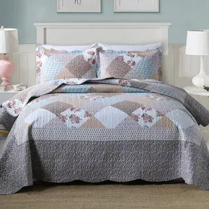 3 Piece Printed Quilt Set Lightweight Bedspread Set with Floral Patterns for Queen/King Size Bed 100% Polyester Soft Comfortable & Durable Design