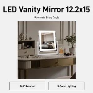 Vanity Mirror with Lights 12.2"x15" LED Makeup Mirror HD Professional Smart Touch 3-Color Dimmable Lighting 360° Rotation for Makeup Desk Bedroom White Finish