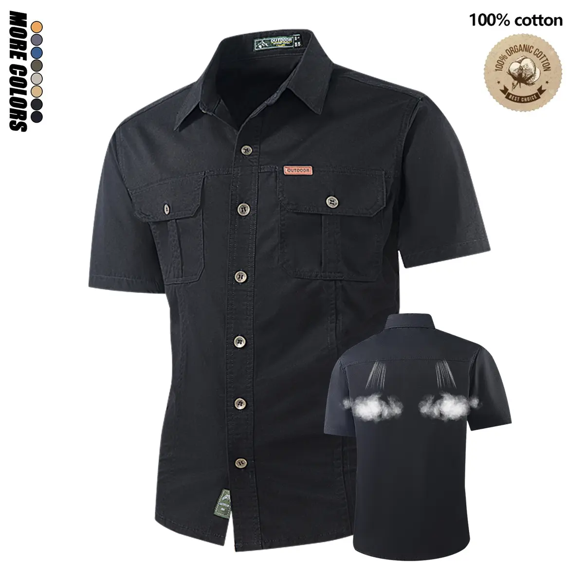 Men’s pure cotton short-sleeve outdoor workwear shirt in a military style, featuring multiple pockets and a lightweight design, suitable for hiking and fishing.