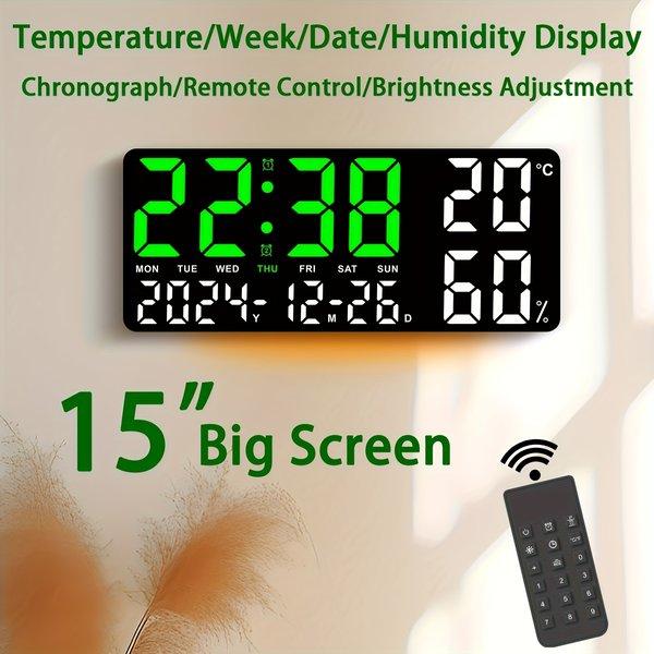 Large LED Alarm Clock with Temperature & Humidity Display – Digital Clock with Timer, Week Display, Bright Adjustable Screen for Bedroom Living Room Office