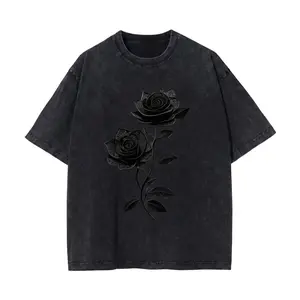 Minimal Rose Flower Graphic Washed Black Cotton T-Shirt Shirt Classic