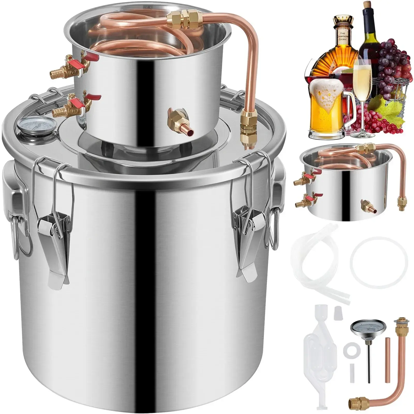 9.6 Gallon Moonshine Still 38L Stainless Steel Alcohol Distiller Copper Tube Thermometer for DIY Whiskey Wine Brandy Home Brewing Silver