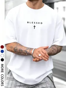 Men's Oversized "BLESSED" Cross Graphic T-Shirt, Christian Faith Minimalist Streetwear Tee, Casual Short Sleeve Urban Fashion Top, Multiple Colors Available, Religious Inspired Casual Wear for Men