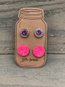 Jill's Jewels Hot Pink Druzy 9mm Bullet Earring Set with Pink Center Stone and Silver Accents