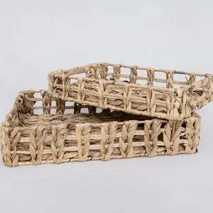 Woven Nesting Trays, Set of 2, Rustic Open Weave Baskets, Boho Farmhouse Decor for Coffee Table, Entryway & Kitchen Organizer Gift Room