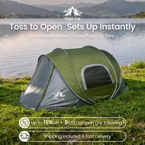 Night Cat Automatic Pop Up Breathable Waterproof Tent - 9.5'x6.6'x4', 3s Quick Setup, 40% Smaller Pack, 2-4P Spacious with Front Porch, 3000mm Waterproof Outdoor Tent, Lightweight Canopy Shelter for Camping, Hiking, Backyard