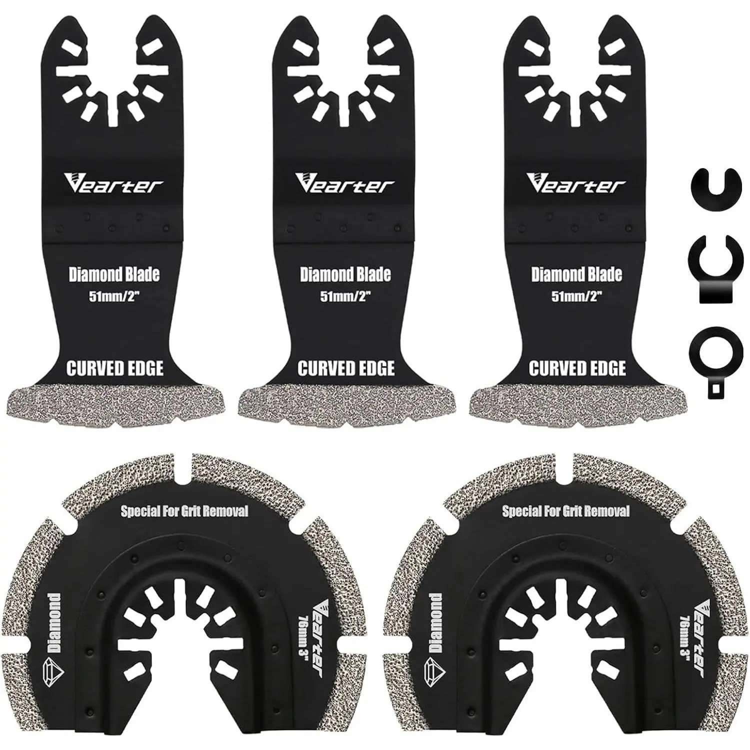 Vearter 5PCS Diamond Grit Oscillating Tool Blades with 3 x Adapters, Universal Quick-Release Long-Lasting Cutting Knives for Tile Removal, Bathroom Renovation Power Tool Accessories, 51Mm/2", 2 X Semicircular Oscillating Tools