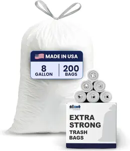 8 Gallon Trash Bags - 0.7 Mil White Drawstring Garbage Can Liners - 200 Count - Leak-Resistant and Tear-Proof for Kitchen, Bathroom, Office