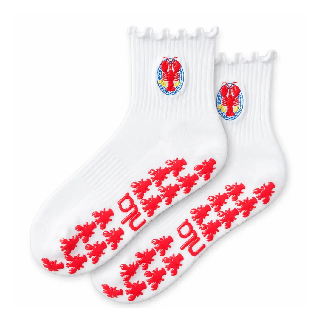 The Lobster Embroidery Grip Sock with red lobster-shaped grips for Pilates, Barre, Lagree, and Yoga
