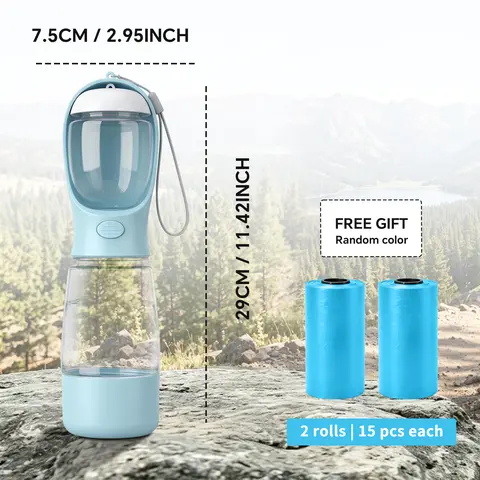 3-in-1 Portable Dog Water Bottle - Leakproof Seal, Food Container, Built-in Poop Bag Dispenser, Easy to Clean, 2 Rolls (30 Pcs) Waste Bags, 29cm x 7.5cm Diameter, 11.42in Height, 2.95in Width, Travel Cup for Outdoor Enthusiasts' Walking, Hiking, 11.42 Inc