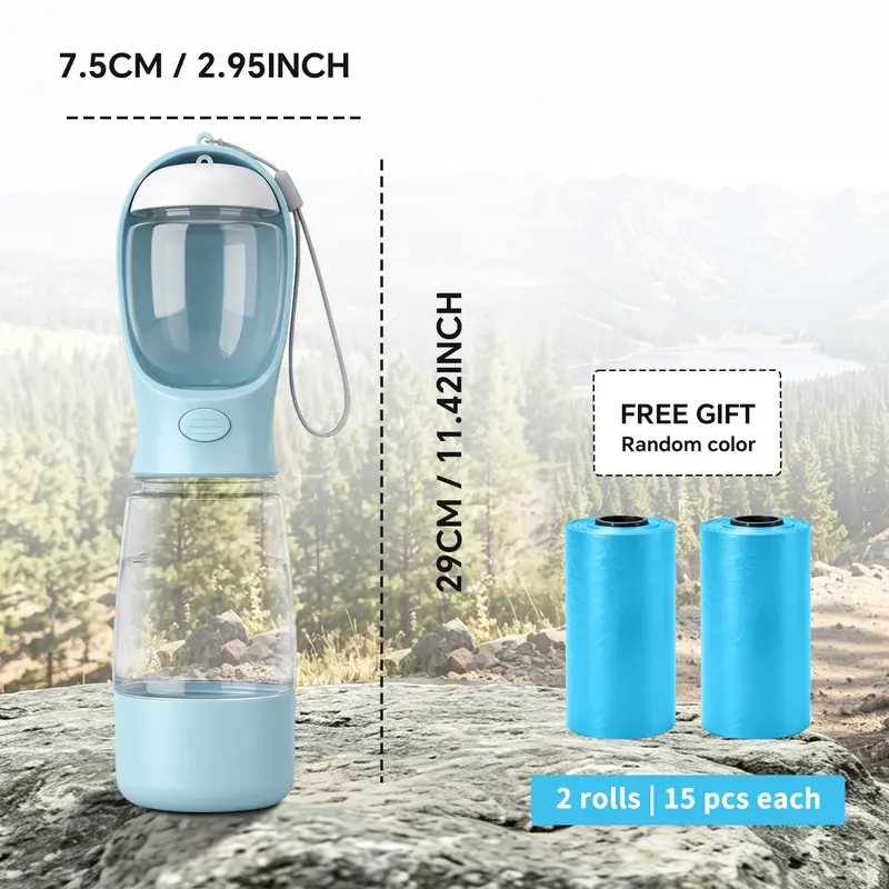 3-in-1 Portable Dog Water Bottle - Leakproof Seal, Food Container, Built-in Poop Bag Dispenser, Easy to Clean, 2 Rolls (30 Pcs) Waste Bags, 29cm x 7.5cm Diameter, 11.42in Height, 2.95in Width, Travel Cup for Outdoor Enthusiasts' Walking, Hiking, 11.42 Inc