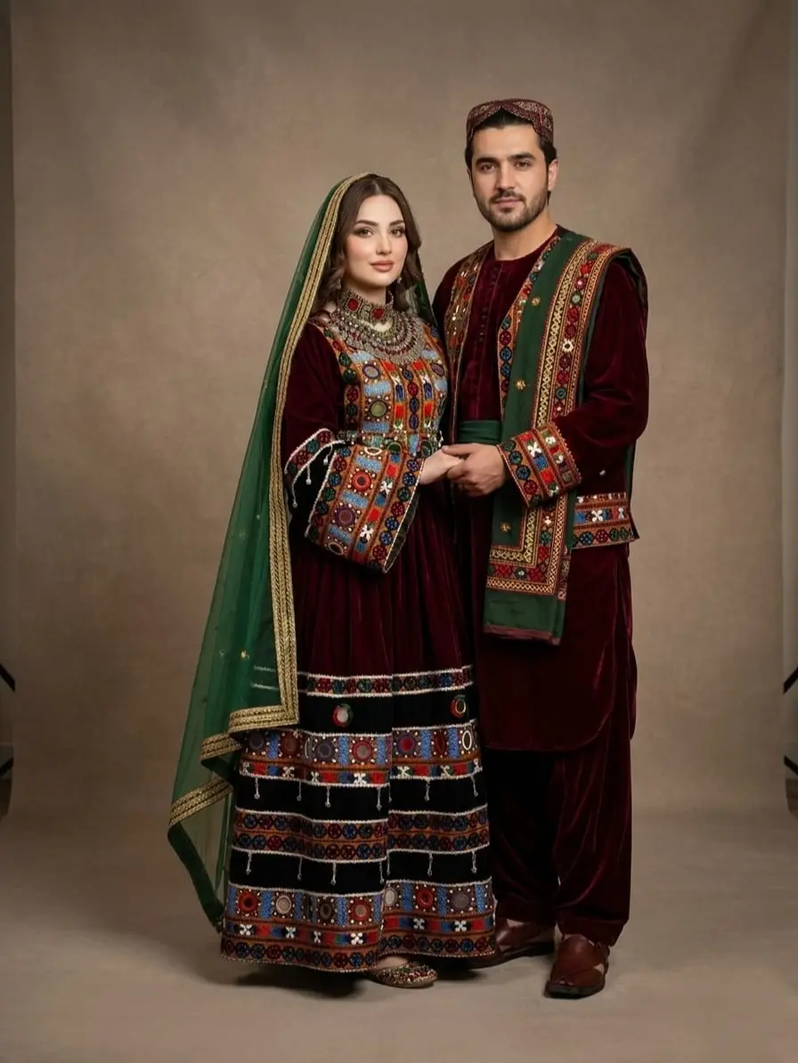 Women's Modest Islamic Traditional Long Sleeve Soft Velvet Maxi Dress - Handmade Afghan Geometric Embroidery, Wide Flare Sleeves, Premium Mirror Work, All Seasons Matching Statement Party-Wedding Ethnic Outfit, Elegance, Detailed Craftsmanship