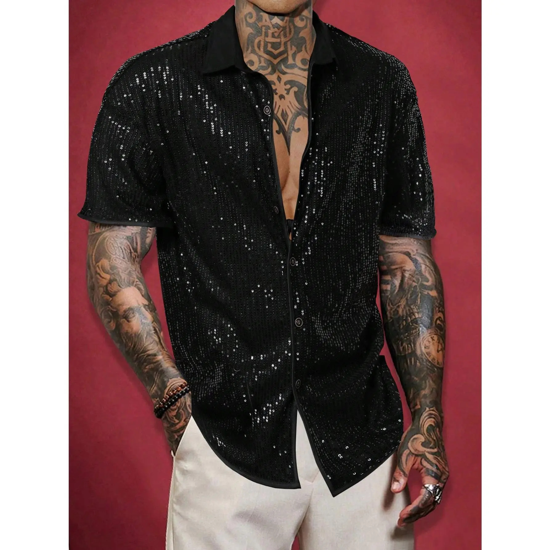 Men's Glamorous Sequin Shirts, a Shortsleeve Loose Fit Street-Style Design with Breathable Fabric for Party Nights, Casual Collared Shirt, Day, Button Down Shirts