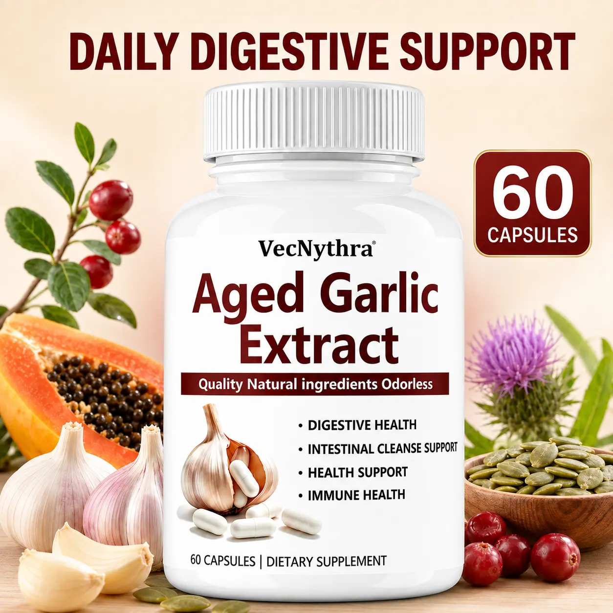 VecNythra Garlic Extract Capsules 600mg Per Serving, 7-in-1 Botanical Garlic Supplement with Pumpkin Seed, Milk Thistle, Cranberry & Zinc, 60 Count