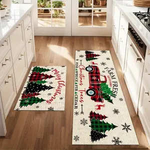 2Pcs Christmas And New Year Printed Kitchen Rug Grid Christmas Tree Car Snowflake Mat Set Farmhouse Kitchen Carpet Restaurant Floor Laundry Room Decoration Carpet Mat Farmhouse Kitchen Rugs, Decorative Area Rug