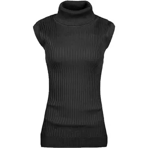 Women Sleeveless High Neck Turtleneck Stretchable Knit Sweater Top
