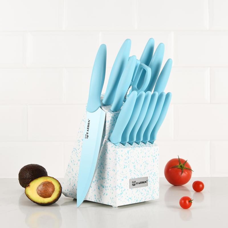 14 Pieces Blue Kitchen Knife Block Set , Anti-Rust Color Titanium Coated Carbon Steel, 12 Knives with Kitchen Shears and Block, Dishwasher Safe,TikTokShopBlackFriday