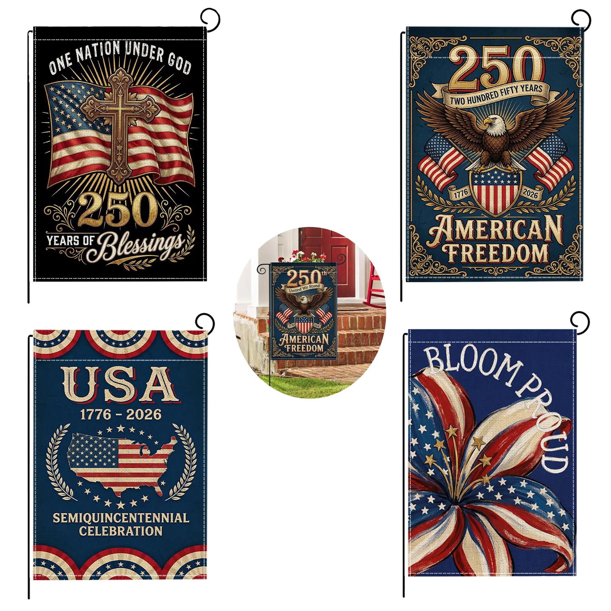 250th Anniversary 4th of July Garden Flags, Multi-Styles Patriotic Independence Day Yard Flags, Double Sided American Flag for Fourth of July Outdoor Decorations, 12.5 x 18.5 Inch