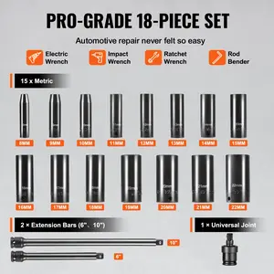 Father's Day Gift VEVOR 3/8" Impact Sockets Set, 18pcs CR-V Metric Deep (8-22 mm), 6-Point Drive Bit Ratchet Tool Kit Case with 2 Extension Bars (6", 10") and a Universal Joint