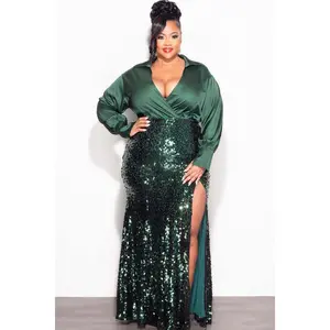 Final Sale Plus Size Satin Bodysuit in Hunter Green with Sequin Skirt Set