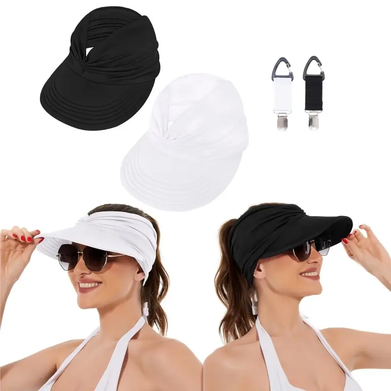 2pcs Wide Brim Visor Hats for Women-Lightweight Packable Ponytail Hat, with 2 hat clips, Comfortable Quick-Dry Sun Visor for Casual(Black + White)